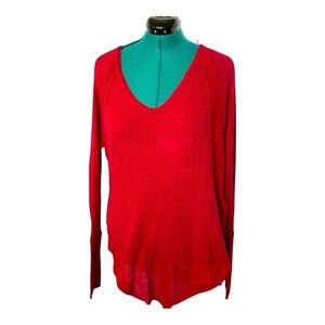 Free People style Women's Red Waffle Weave Popover Top V-neck Ling sleeve
